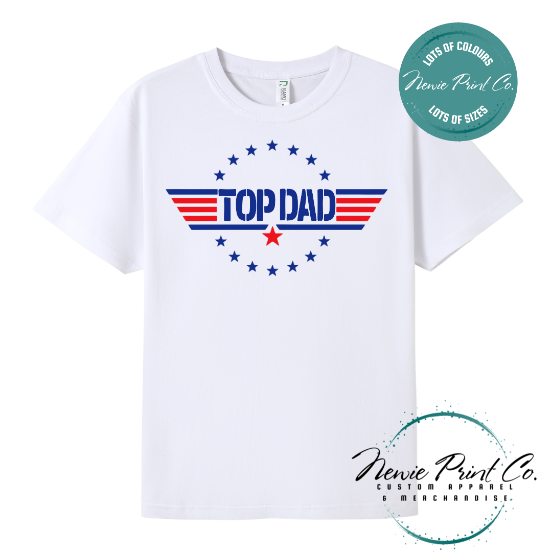 Customisable t-shirt and jumper with bold “Top Dad” text and optional personalised name or message. Printed on soft, high-quality cotton using durable DTF/DTG printing. Perfect gift for Father’s Day, birthdays, or new dads.