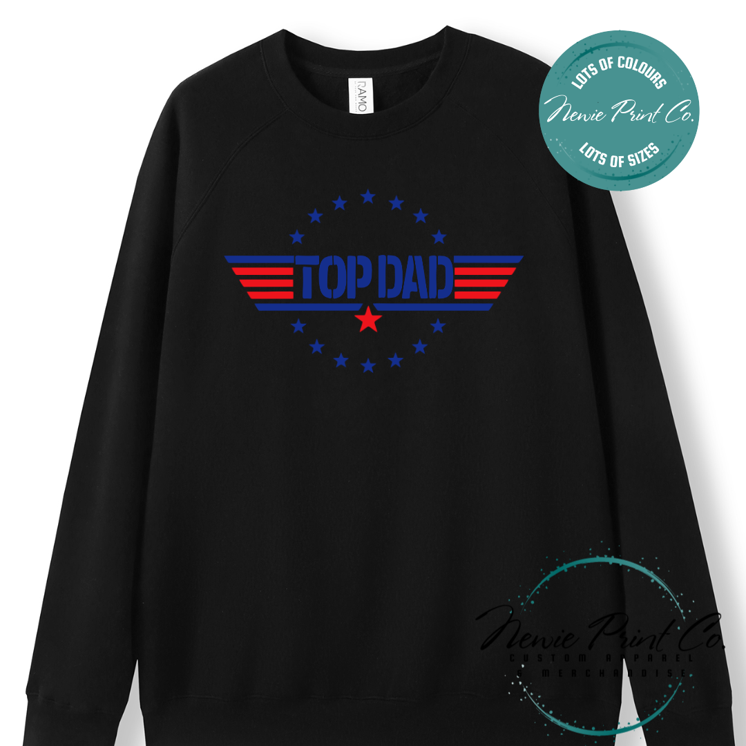 Customisable t-shirt and jumper with bold “Top Dad” text and optional personalised name or message. Printed on soft, high-quality cotton using durable DTF/DTG printing. Perfect gift for Father’s Day, birthdays, or new dads.