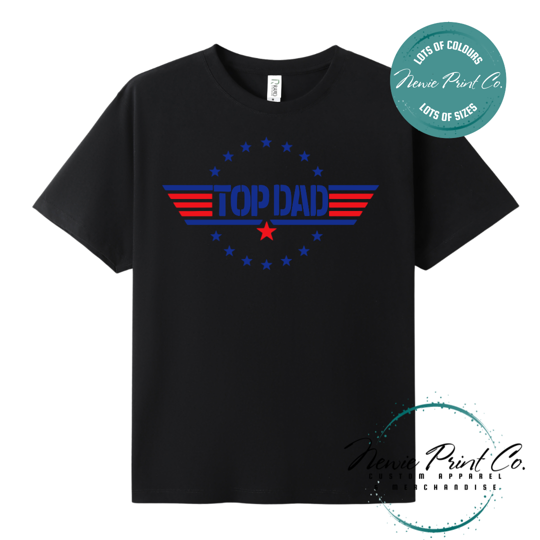 Customisable t-shirt and jumper with bold “Top Dad” text and optional personalised name or message. Printed on soft, high-quality cotton using durable DTF/DTG printing. Perfect gift for Father’s Day, birthdays, or new dads.