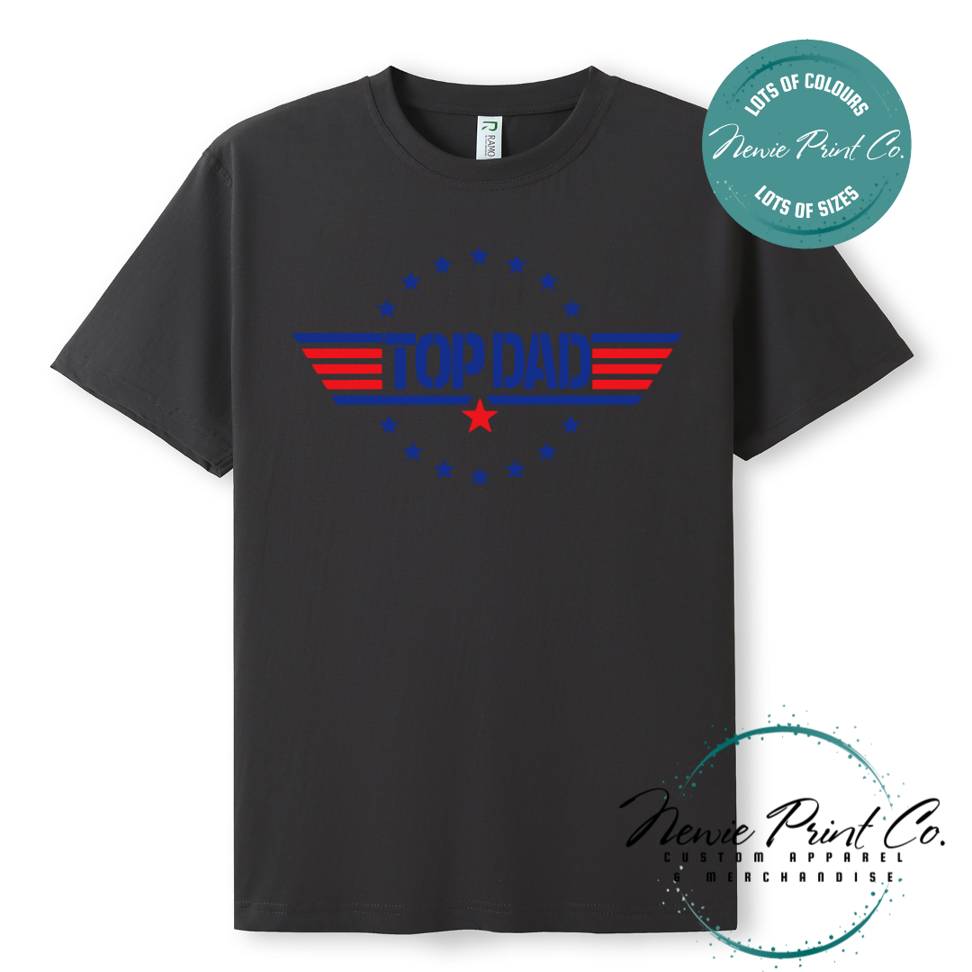 Customisable t-shirt and jumper with bold “Top Dad” text and optional personalised name or message. Printed on soft, high-quality cotton using durable DTF/DTG printing. Perfect gift for Father’s Day, birthdays, or new dads.