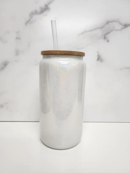 470ml (16oz) WHITE SHIMMER GLASS LIBBY CAN WITH BAMBOO LID