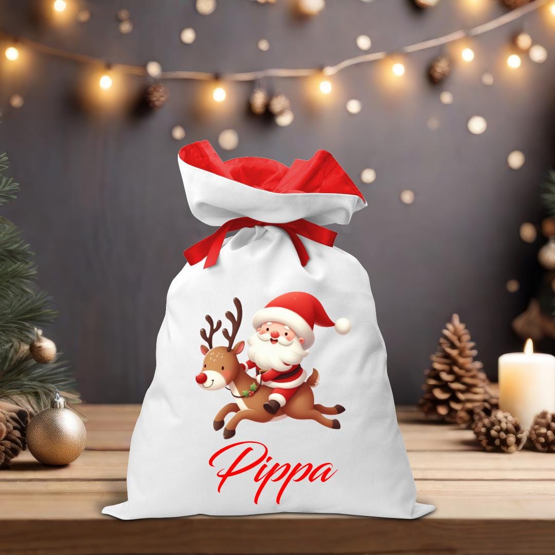 Santa Riding Reindeer Coloured Santa Sack - Personalised