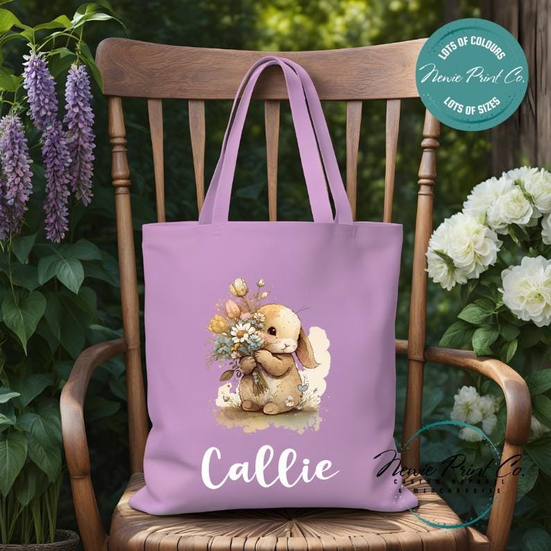 Flower Bunny - Easter Personalized Tote/Library Bag