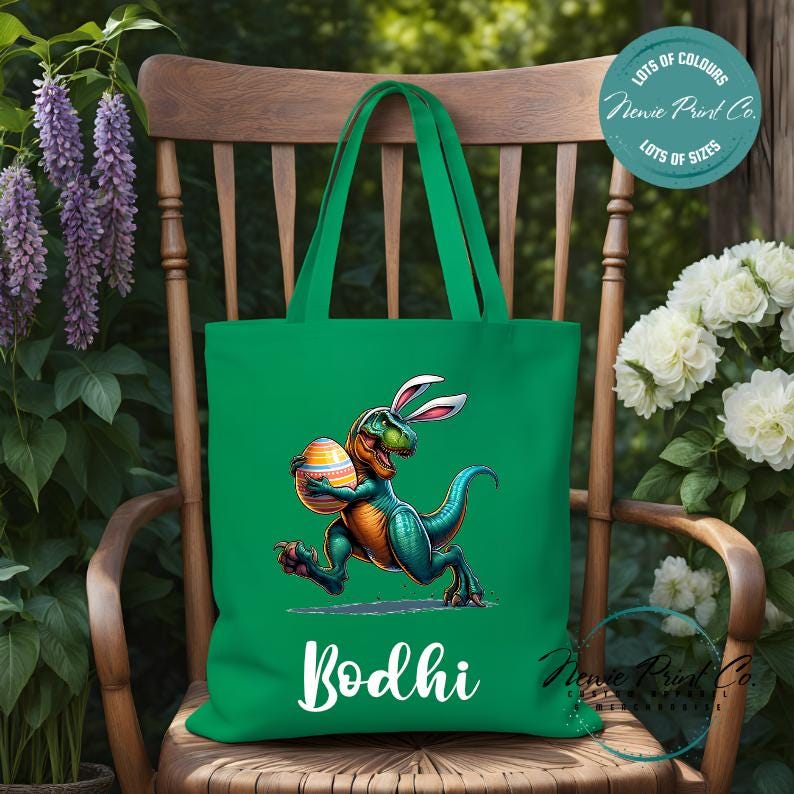 Dino Running - Easter Personalized Tote/Library Bag