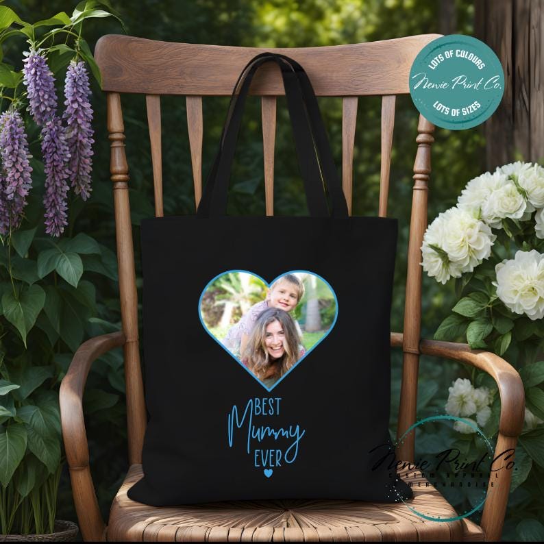 Custom Photo Heart Blue - Tote/Library Bags