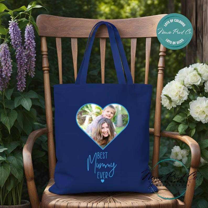 Custom Photo Heart Blue - Tote/Library Bags