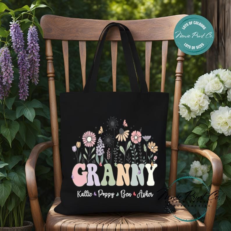 Custom Grandkids Name Flower - Tote/Library Bags