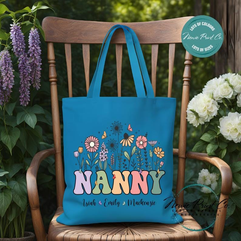 Custom Grandkids Name Flower - Tote/Library Bags