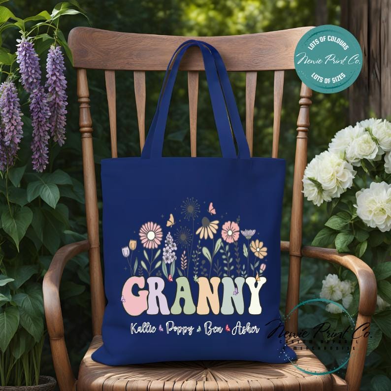 Custom Grandkids Name Flower - Tote/Library Bags