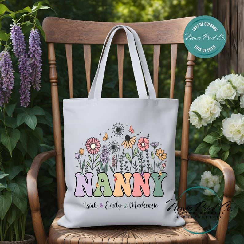Custom Grandkids Name Flower - Tote/Library Bags