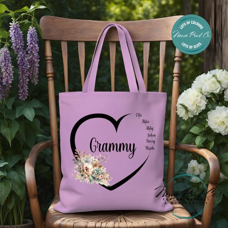 Custom Grandkids Name Boho Flower - Tote/Library Bags