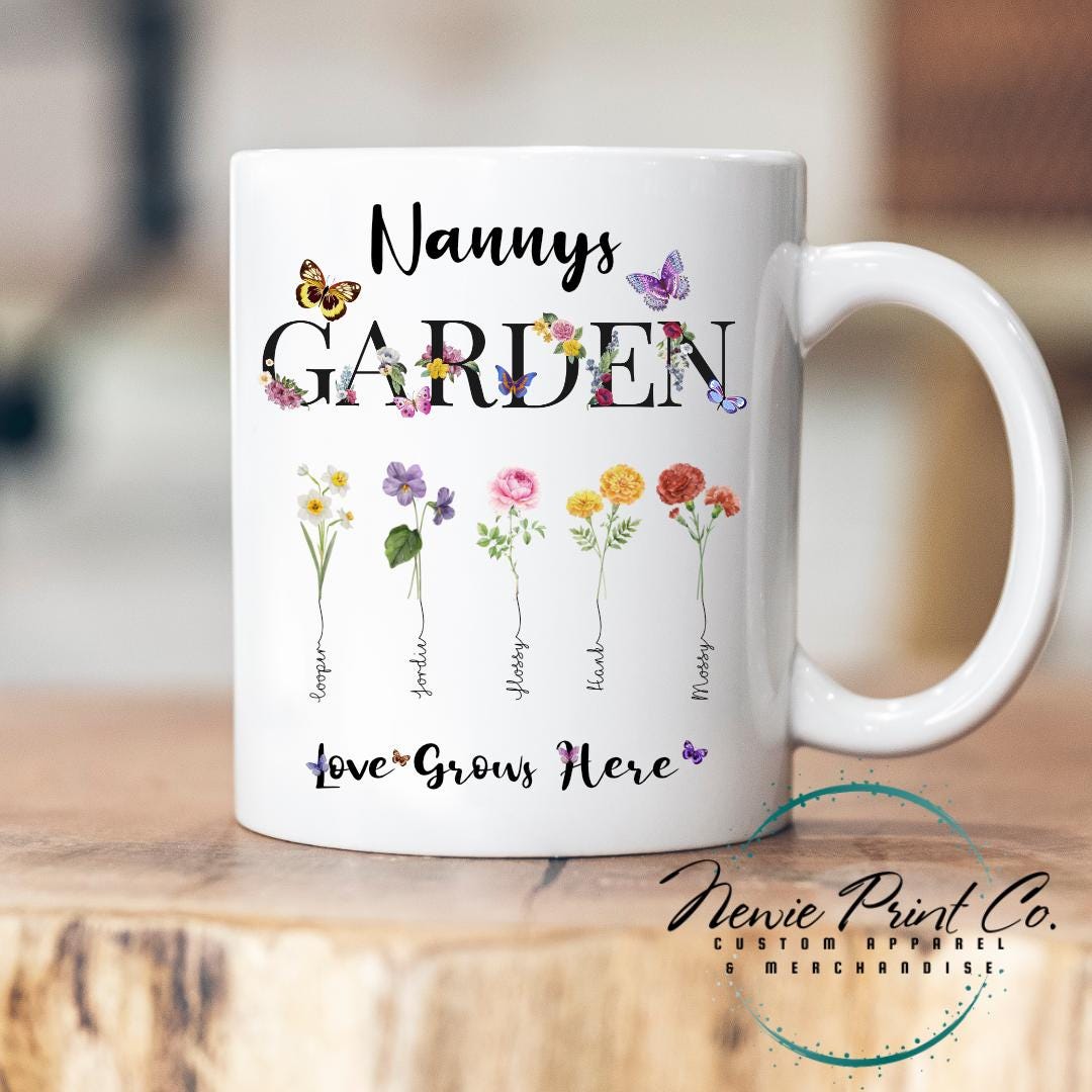 Custom Nannys Garden Grandkids Name Flower Mug