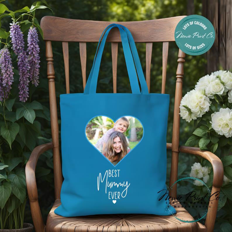 Custom Photo Heart Blue - Tote/Library Bags