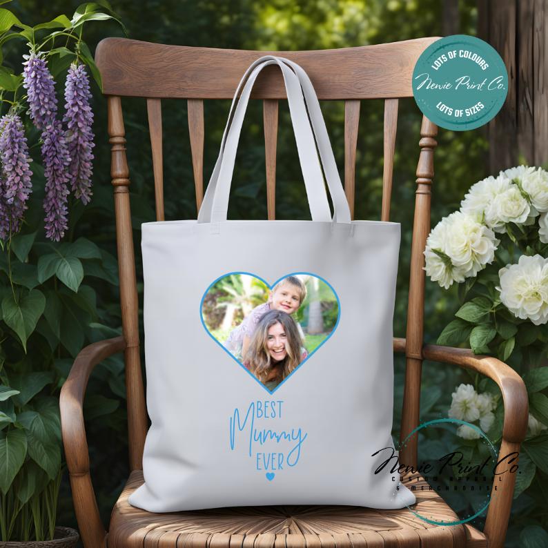 Custom Photo Heart Blue - Tote/Library Bags