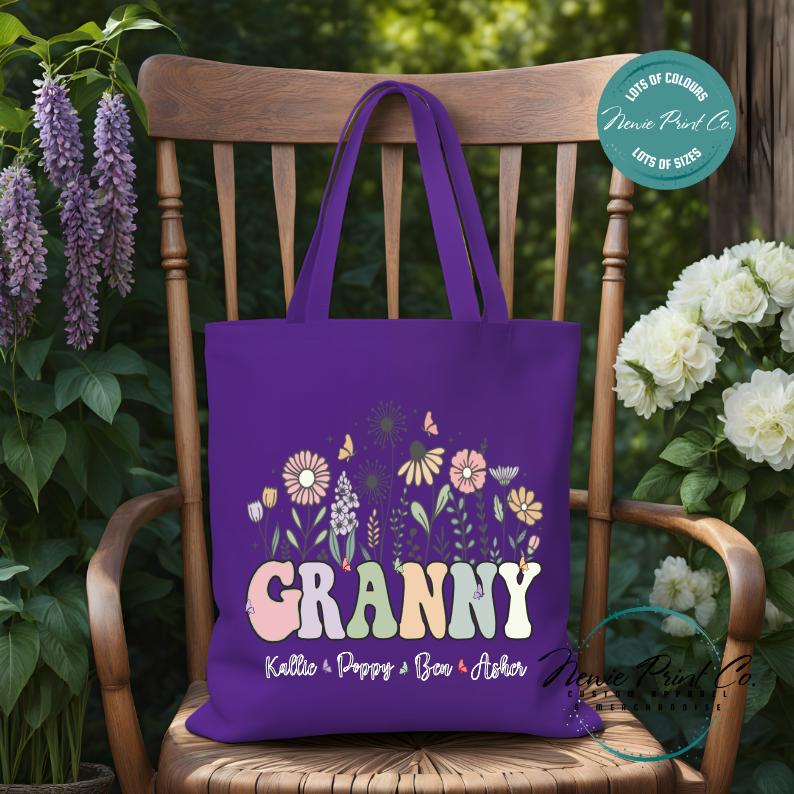 Custom Grandkids Name Flower - Tote/Library Bags