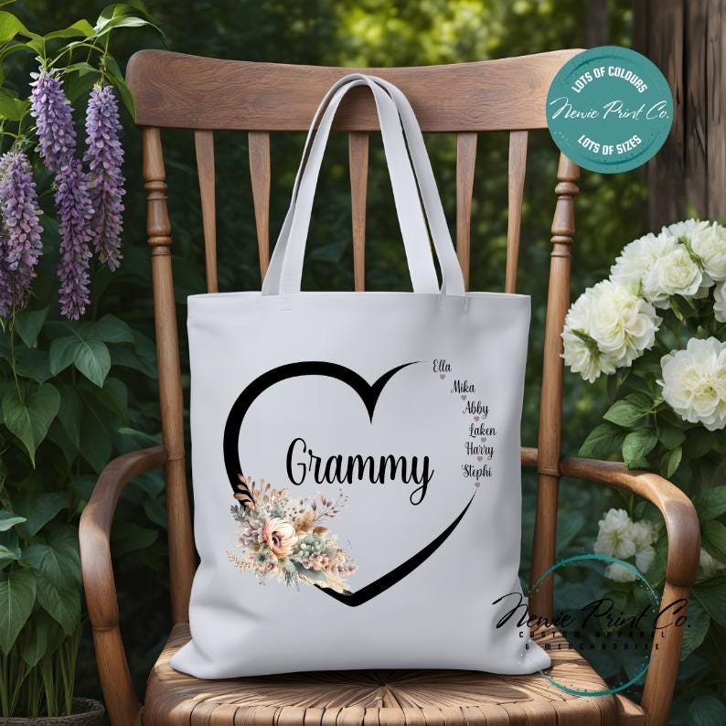 Custom Grandkids Name Boho Flower - Tote/Library Bags