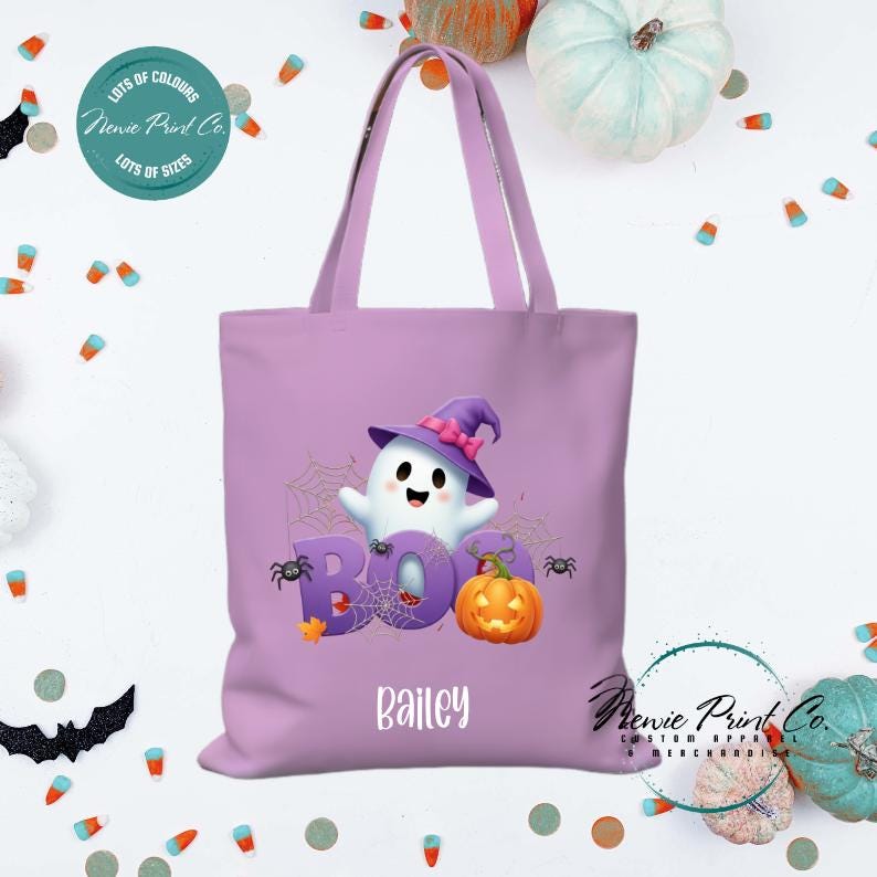 Custom Halloween tote bag with optional personalised name printed on the front, perfect for trick-or-treating or spooky season gifts by Newie Print Co.