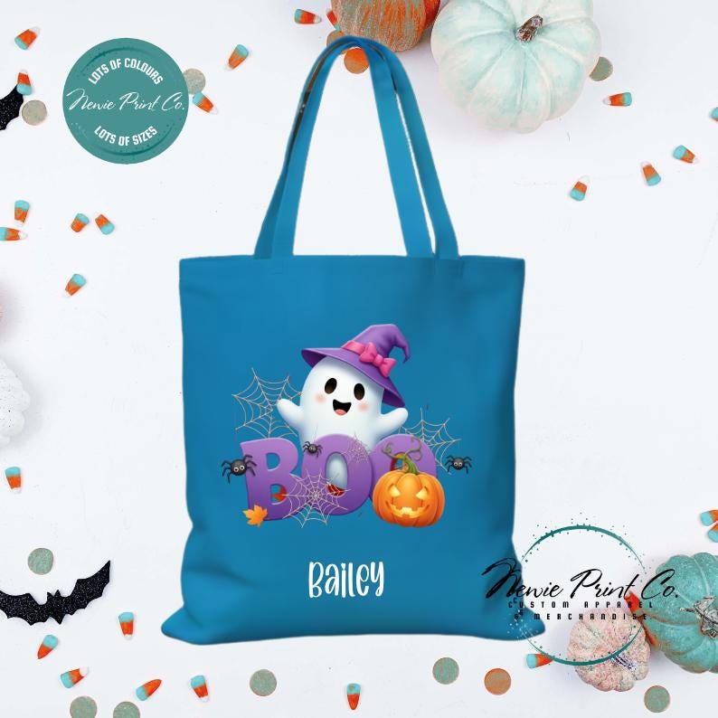Custom Halloween tote bag with optional personalised name printed on the front, perfect for trick-or-treating or spooky season gifts.