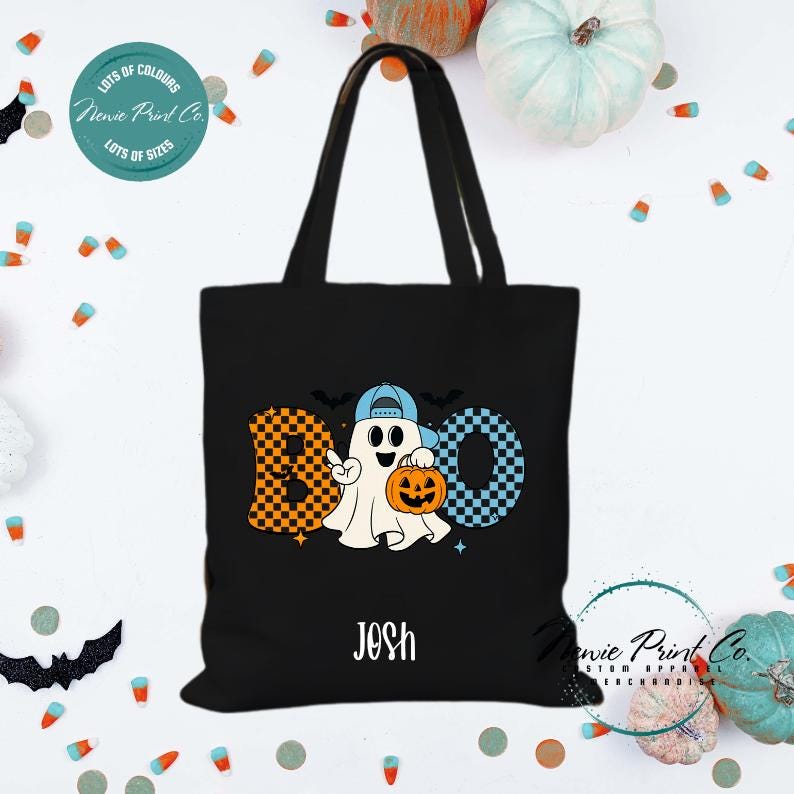 Custom Halloween tote bag with optional personalised name printed on the front, perfect for trick-or-treating or spooky season gifts.