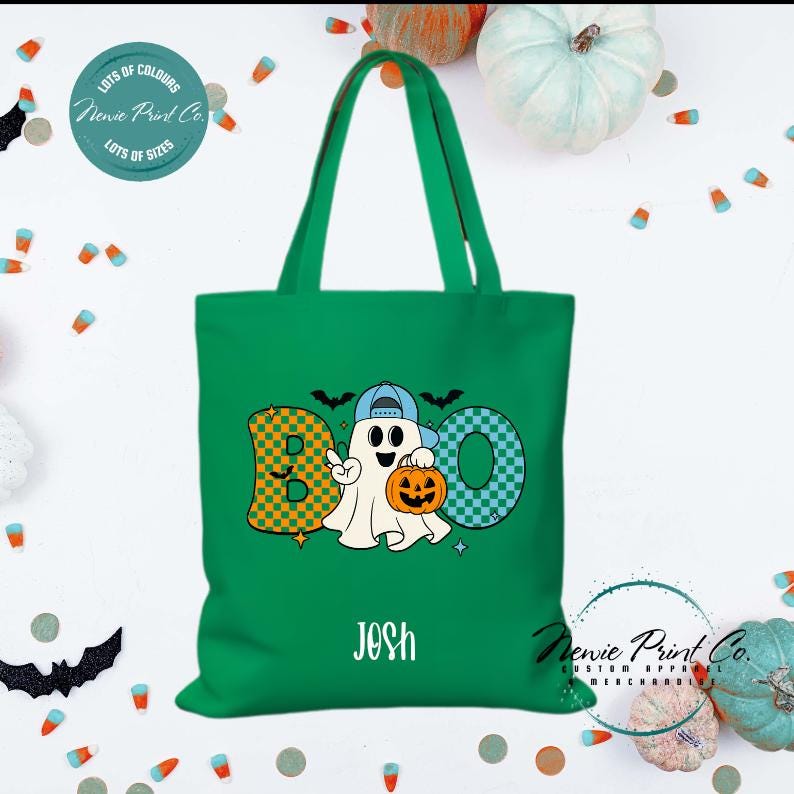Custom Halloween tote bag with optional personalised name printed on the front, perfect for trick-or-treating or spooky season gifts.