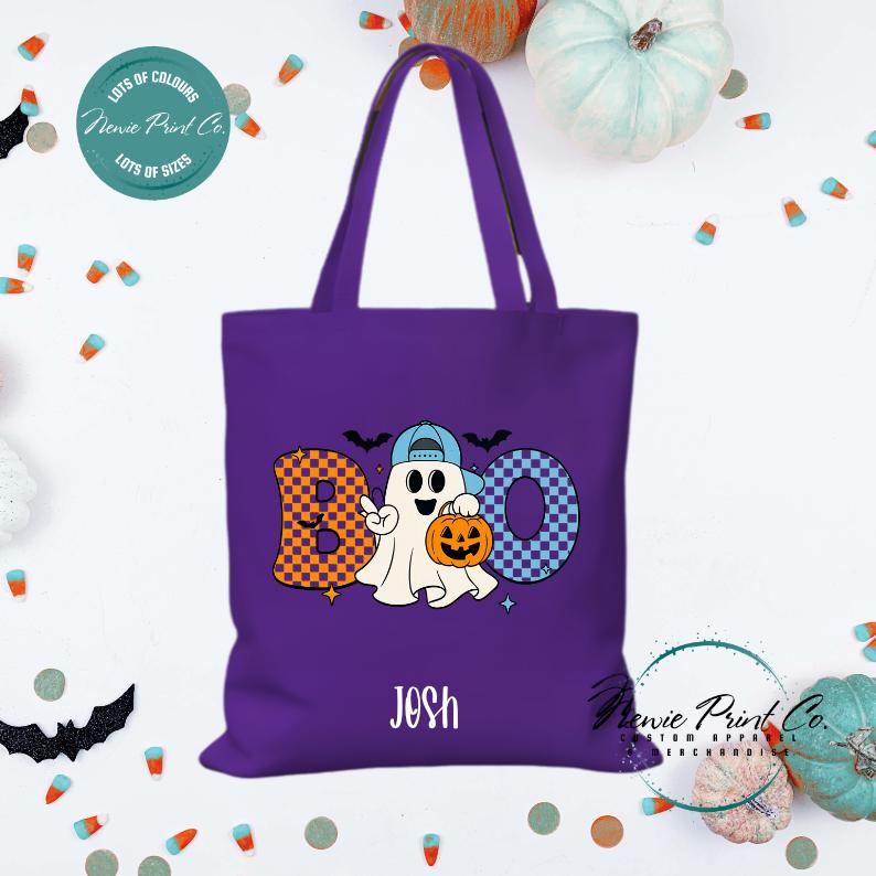 Custom Halloween tote bag with optional personalised name printed on the front, perfect for trick-or-treating or spooky season gifts.