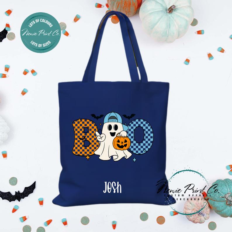Custom Halloween tote bag with optional personalised name printed on the front, perfect for trick-or-treating or spooky season gifts.