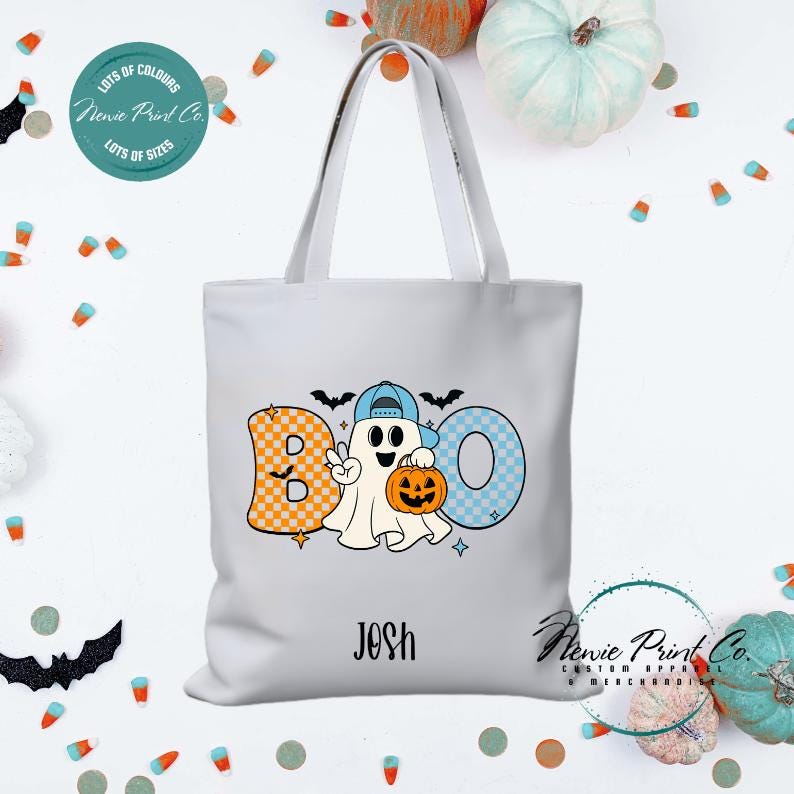 Custom Halloween tote bag with optional personalised name printed on the front, perfect for trick-or-treating or spooky season gifts.