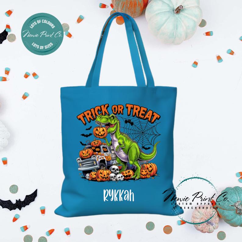 Custom Halloween tote bag with optional personalised name printed on the front, perfect for trick-or-treating or spooky season gifts