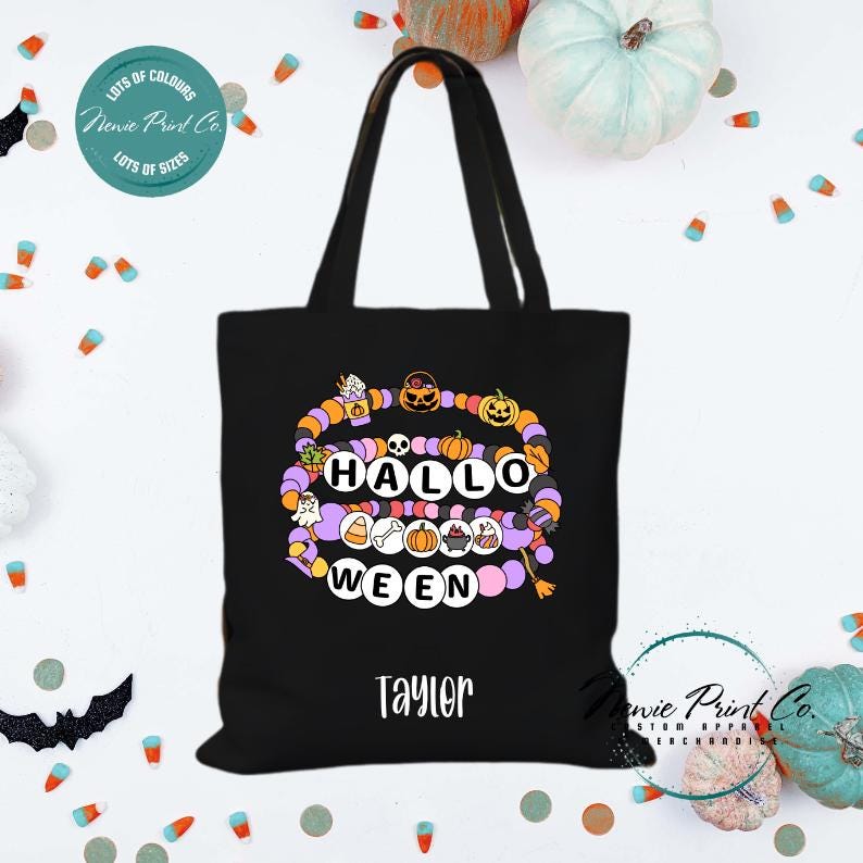 Custom Halloween tote bag with optional personalised name printed on the front, perfect for trick-or-treating or spooky season gifts