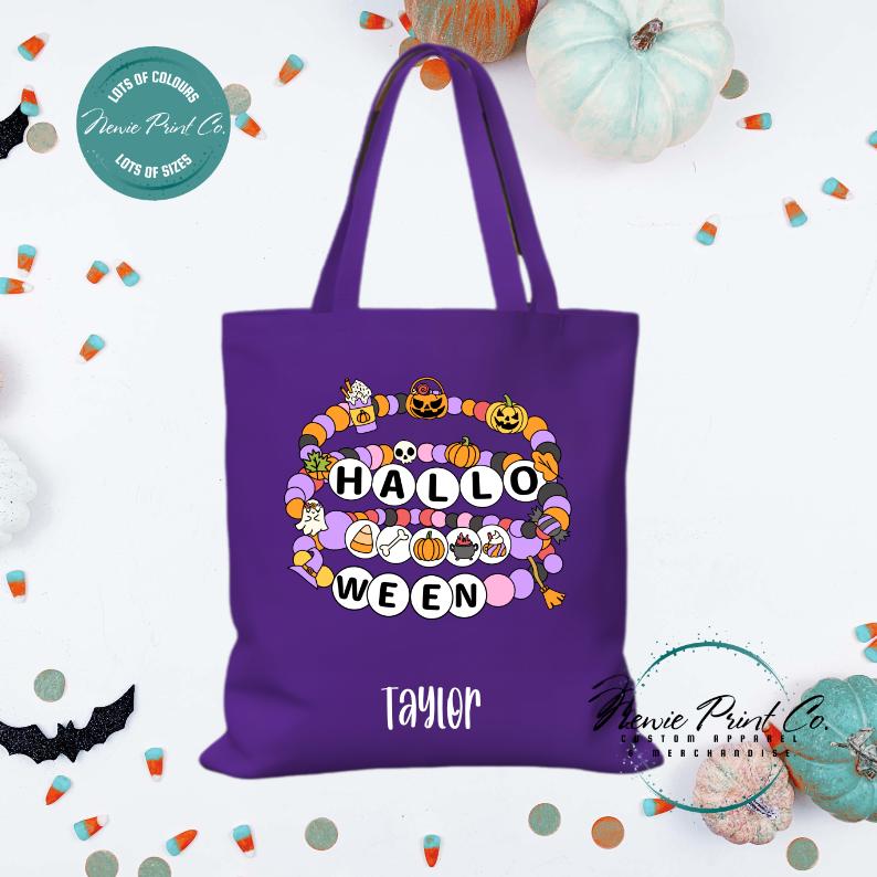 Custom Halloween tote bag with optional personalised name printed on the front, perfect for trick-or-treating or spooky season gifts