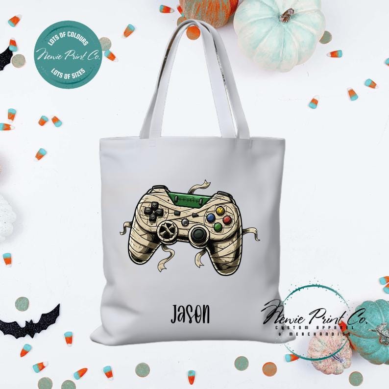 Custom Halloween tote bag with optional personalised name printed on the front, perfect for trick-or-treating or spooky season gifts
