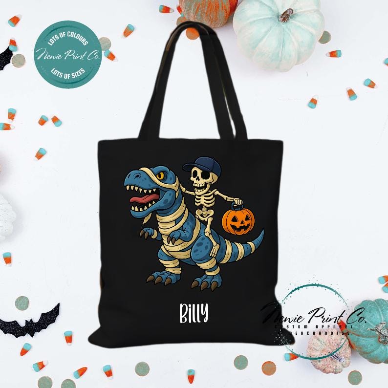 Custom Halloween tote bag with optional personalised name printed on the front, perfect for trick-or-treating or spooky season gifts