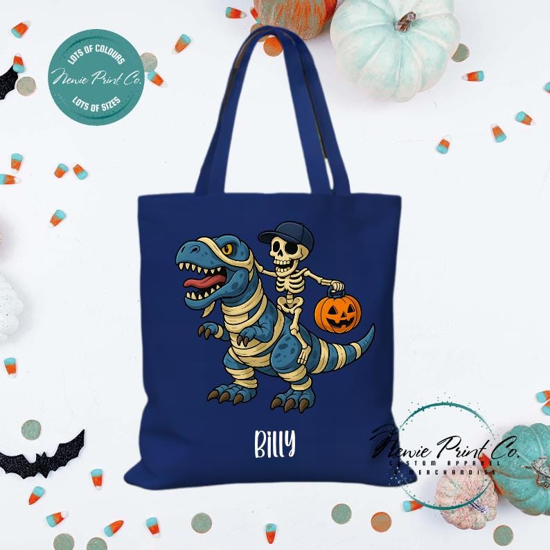 Custom Halloween tote bag with optional personalised name printed on the front, perfect for trick-or-treating or spooky season gifts