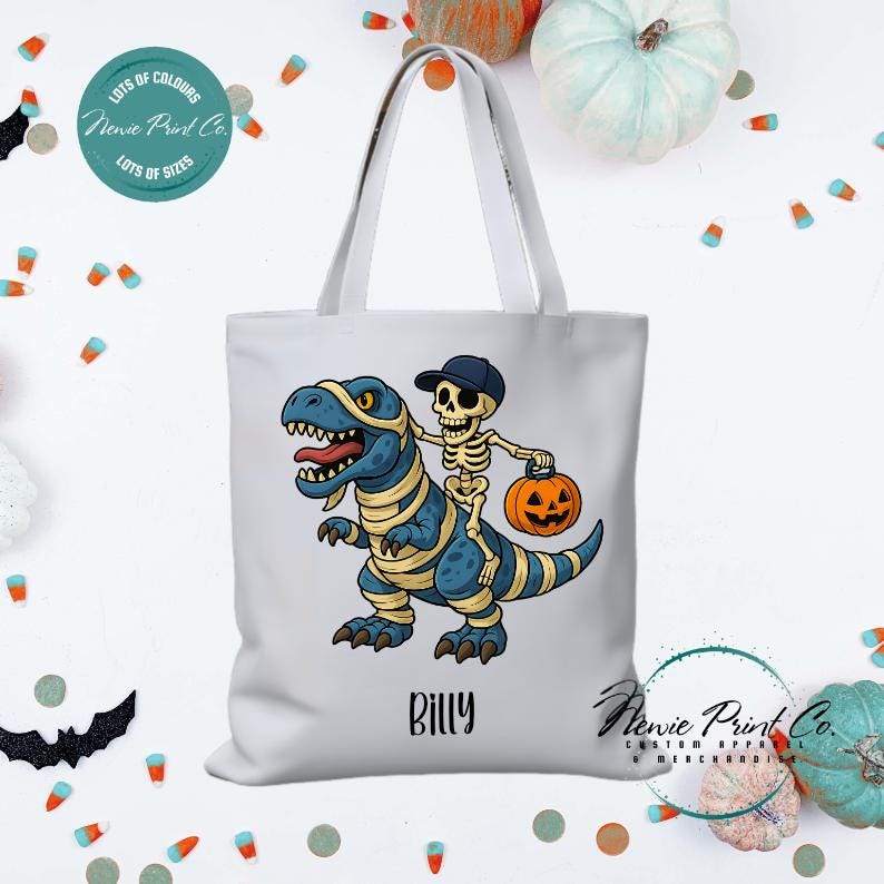 Custom Halloween tote bag with optional personalised name printed on the front, perfect for trick-or-treating or spooky season gifts