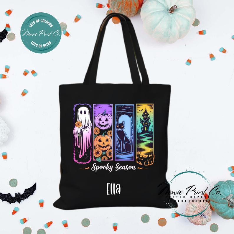Custom Halloween tote bag with optional personalised name printed on the front, perfect for trick-or-treating or spooky season gifts