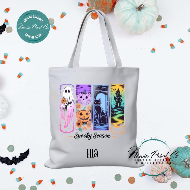 Custom Halloween tote bag with optional personalised name printed on the front, perfect for trick-or-treating or spooky season gifts