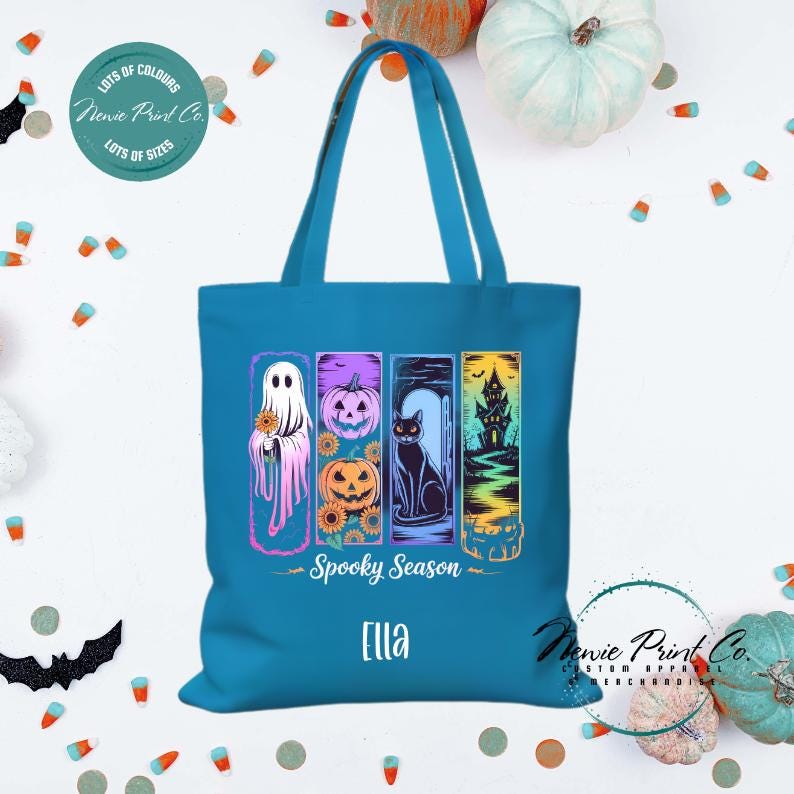 Custom Halloween tote bag with optional personalised name printed on the front, perfect for trick-or-treating or spooky season gifts