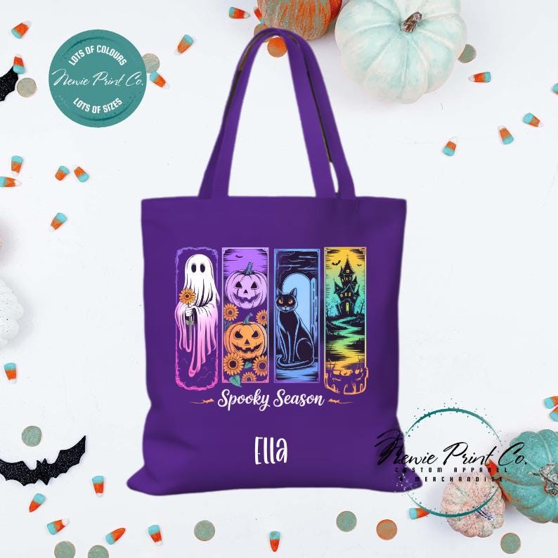 Custom Halloween tote bag with optional personalised name printed on the front, perfect for trick-or-treating or spooky season gifts