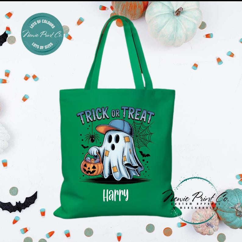Custom Halloween tote bag with optional personalised name printed on the front, perfect for trick-or-treating or spooky season gifts