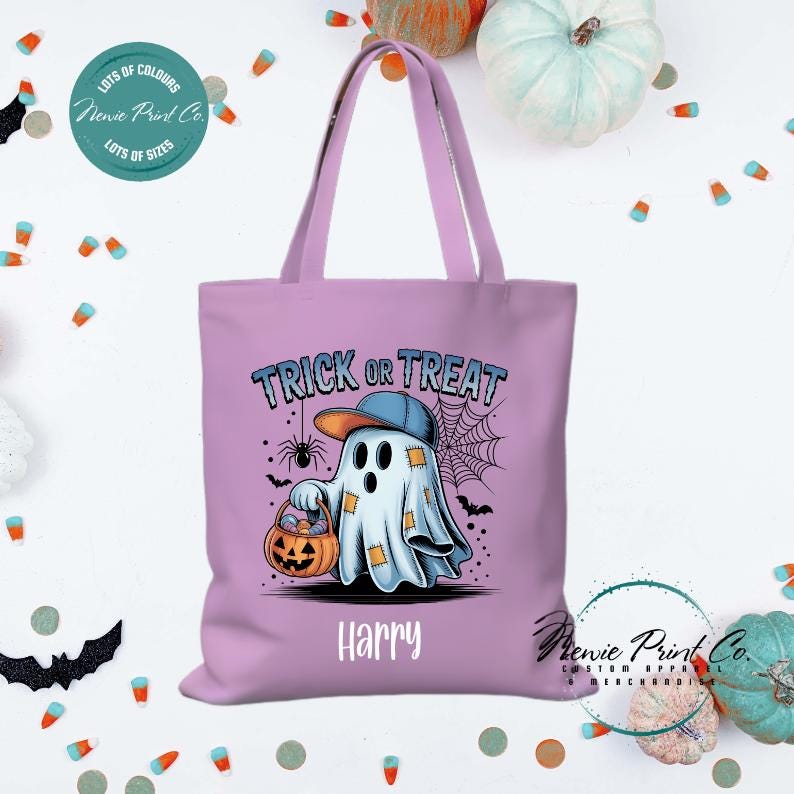 Custom Halloween tote bag with optional personalised name printed on the front, perfect for trick-or-treating or spooky season gifts