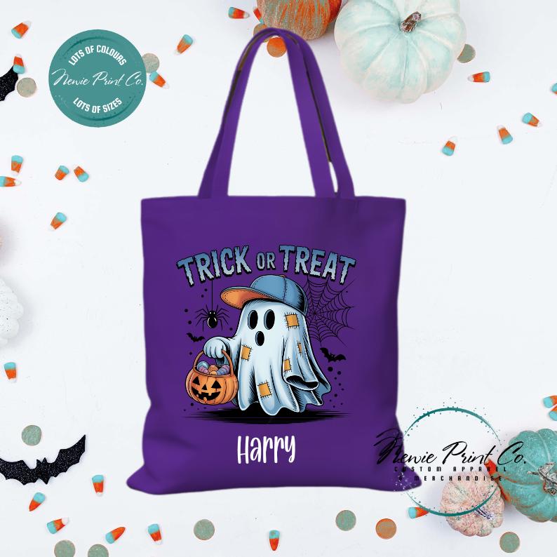 Custom Halloween tote bag with optional personalised name printed on the front, perfect for trick-or-treating or spooky season gifts