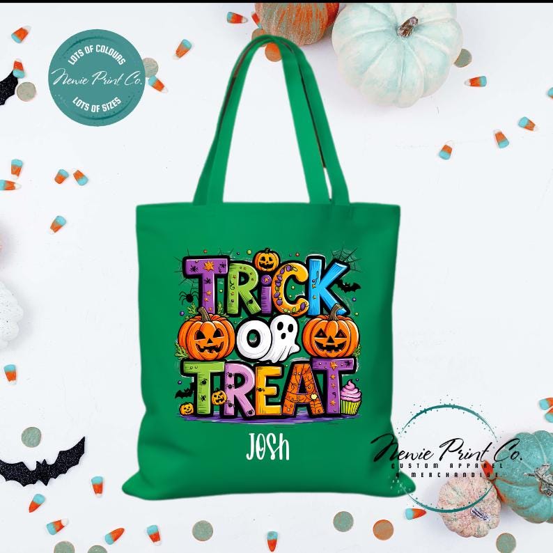 Custom Halloween tote bag with optional personalised name printed on the front, perfect for trick-or-treating or spooky season gifts