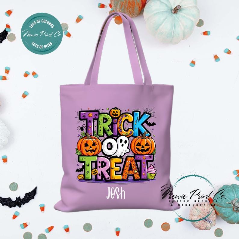Custom Halloween tote bag with optional personalised name printed on the front, perfect for trick-or-treating or spooky season gifts