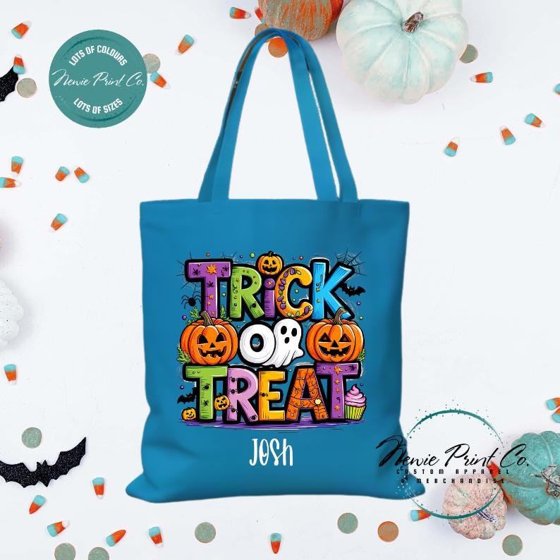 Custom Halloween tote bag with optional personalised name printed on the front, perfect for trick-or-treating or spooky season gifts