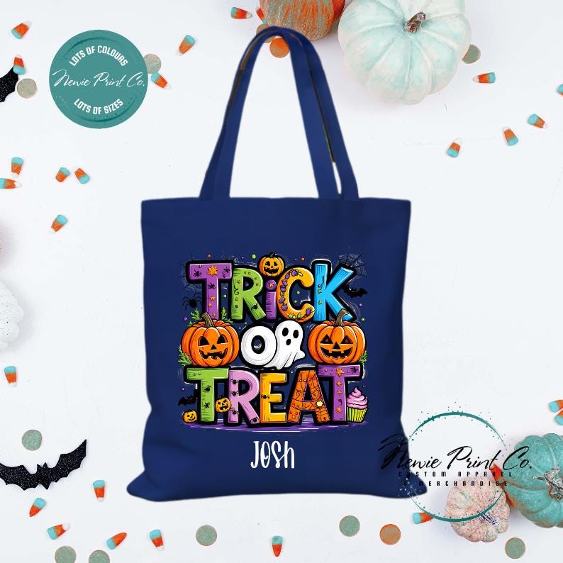 Custom Halloween tote bag with optional personalised name printed on the front, perfect for trick-or-treating or spooky season gifts