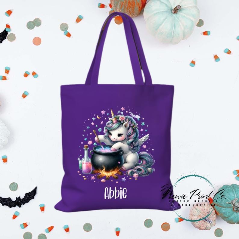 Custom Halloween tote bag with optional personalised name printed on the front, perfect for trick-or-treating or spooky season gifts