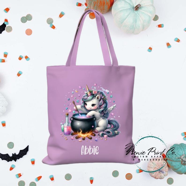 Custom Halloween tote bag with optional personalised name printed on the front, perfect for trick-or-treating or spooky season gifts