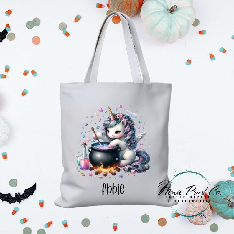 Custom Halloween tote bag with optional personalised name printed on the front, perfect for trick-or-treating or spooky season gifts