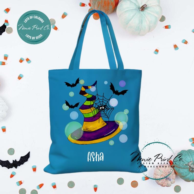 Custom Halloween tote bag with optional personalised name printed on the front, perfect for trick-or-treating or spooky season gifts