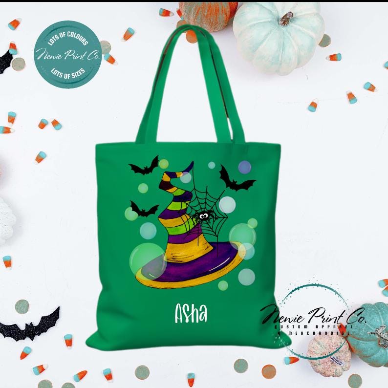Custom Halloween tote bag with optional personalised name printed on the front, perfect for trick-or-treating or spooky season gifts